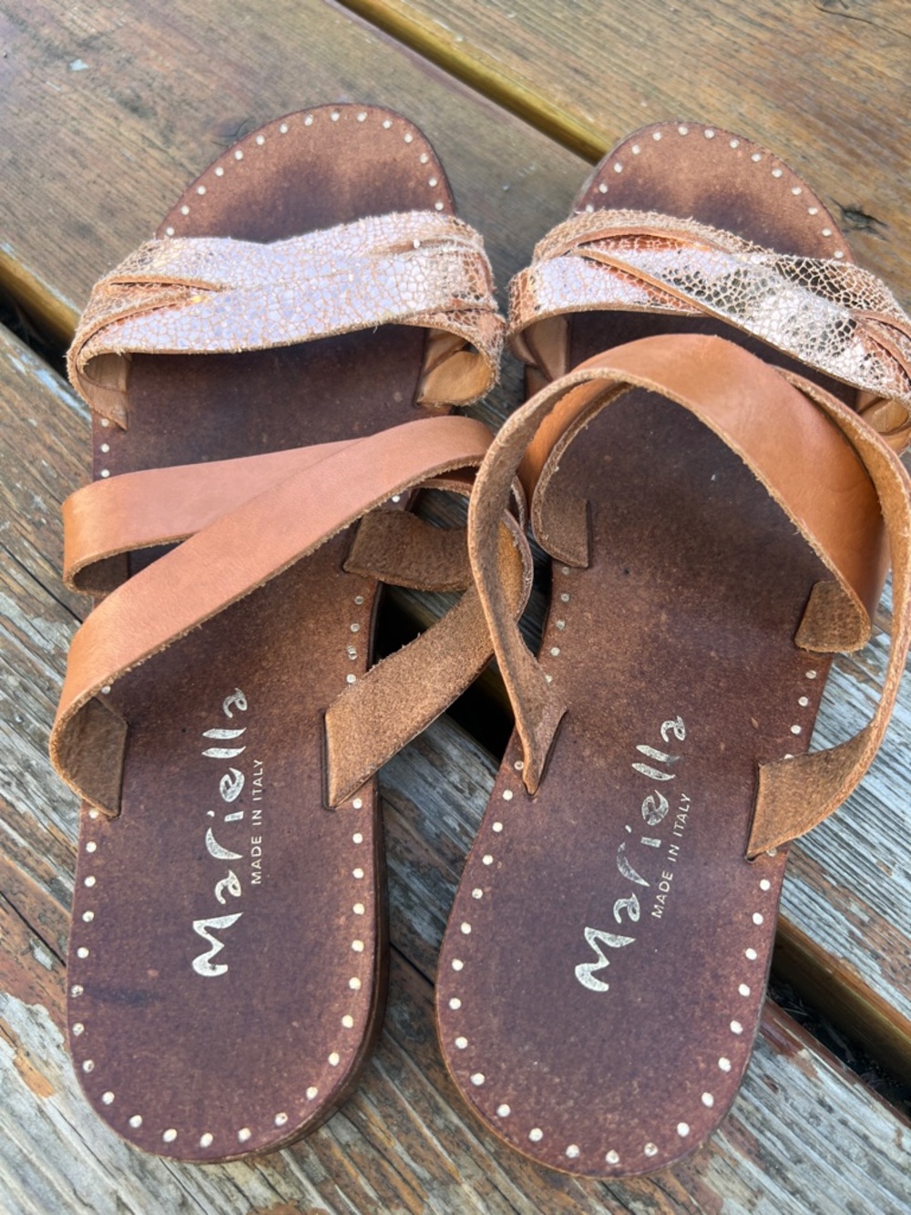MARELLA Brown Leather Slide Sandals with Rose Gold Metallic Straps